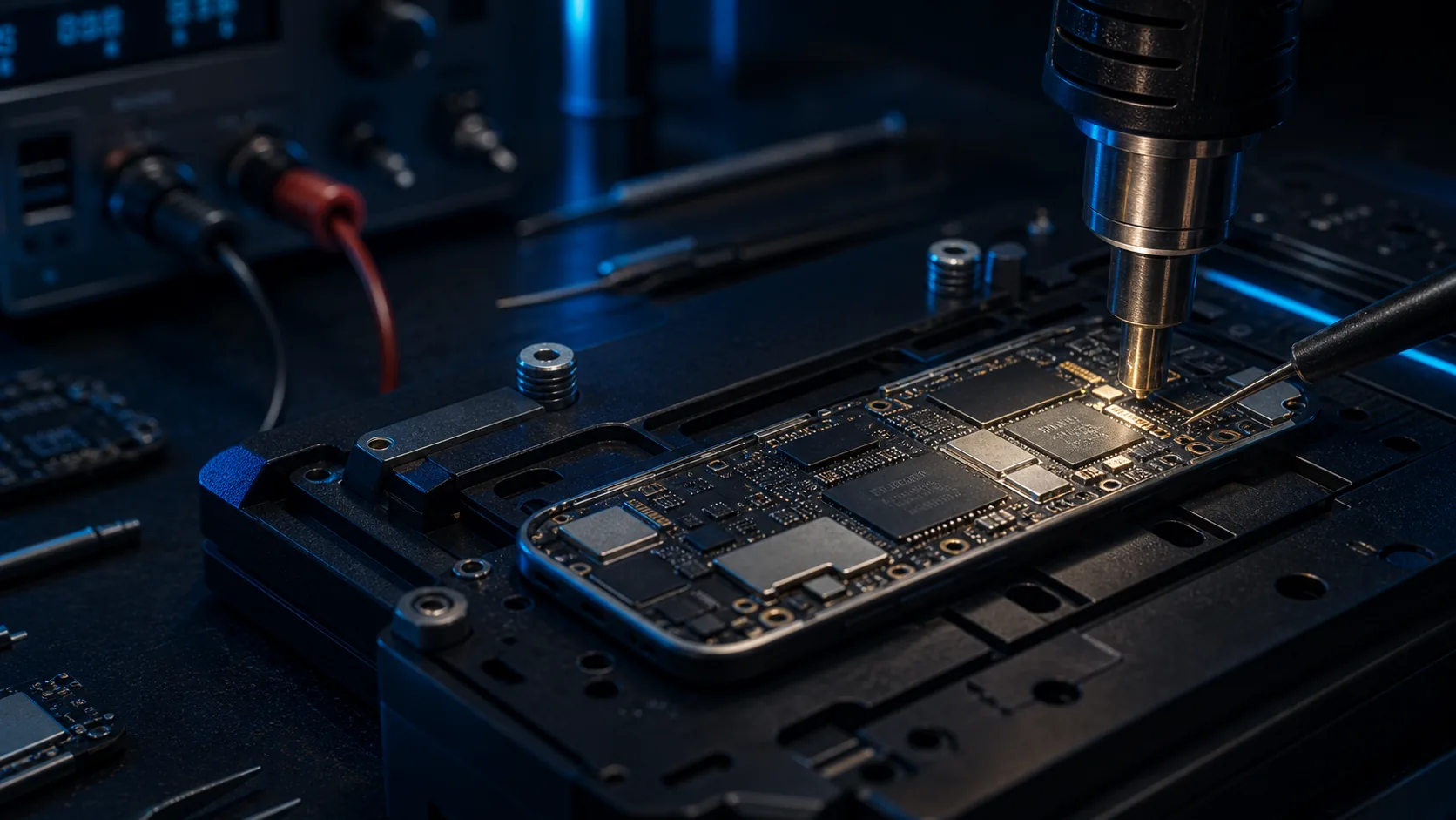 Board-level smartphone repair with precision soldering and controlled heat